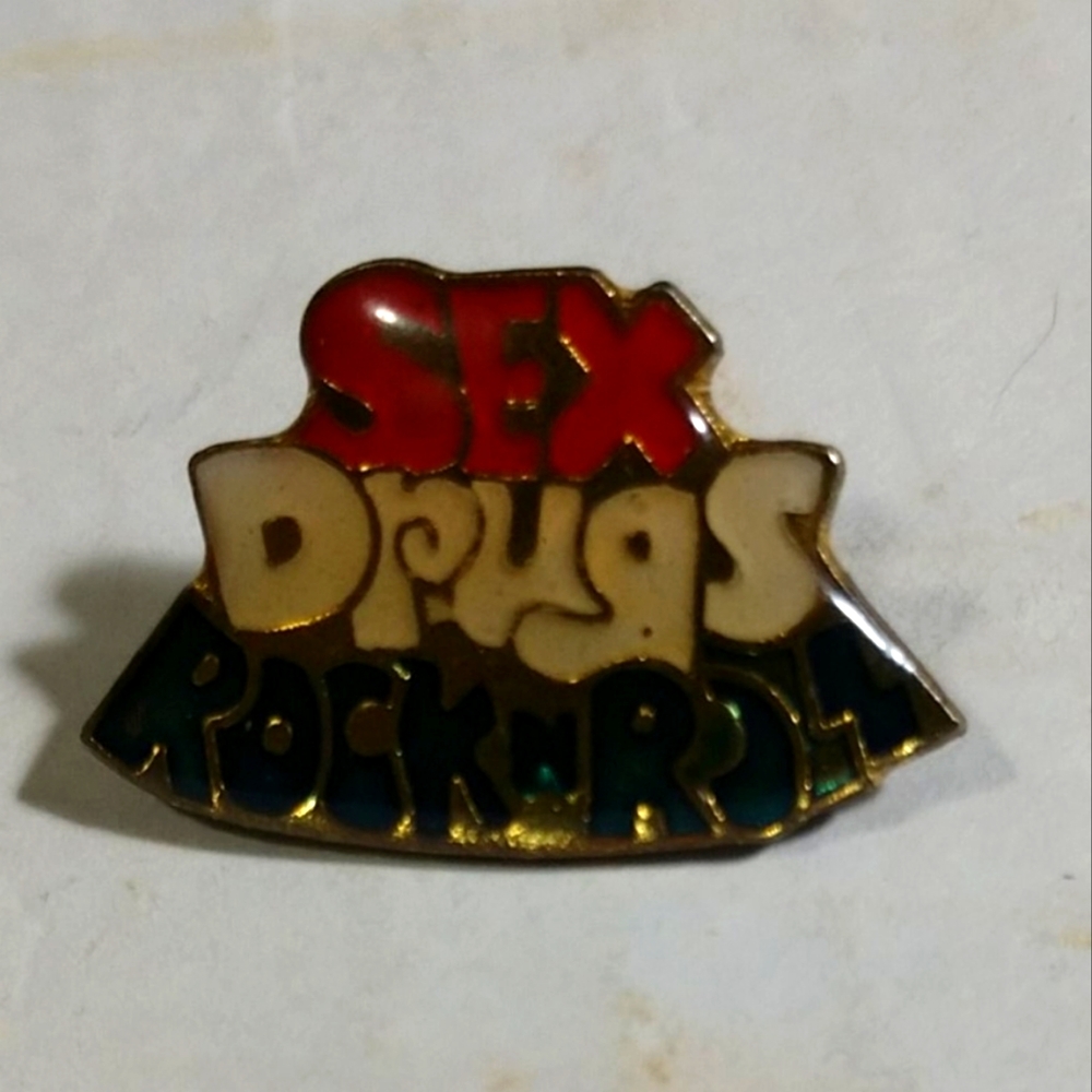 Vintage 1970's SEX DRUGS ROCK N ROLL Enamel Type Stud Pin Brooch for HATS LAPEL